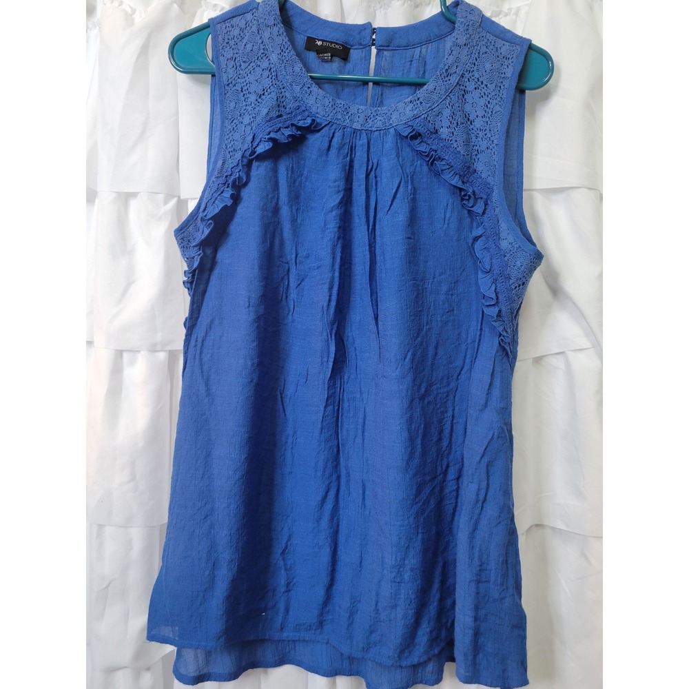 AB‎ Studio Womens XL Blue Sleeveless Lace Ruffle Trim Keyhole Back Blouse 1819